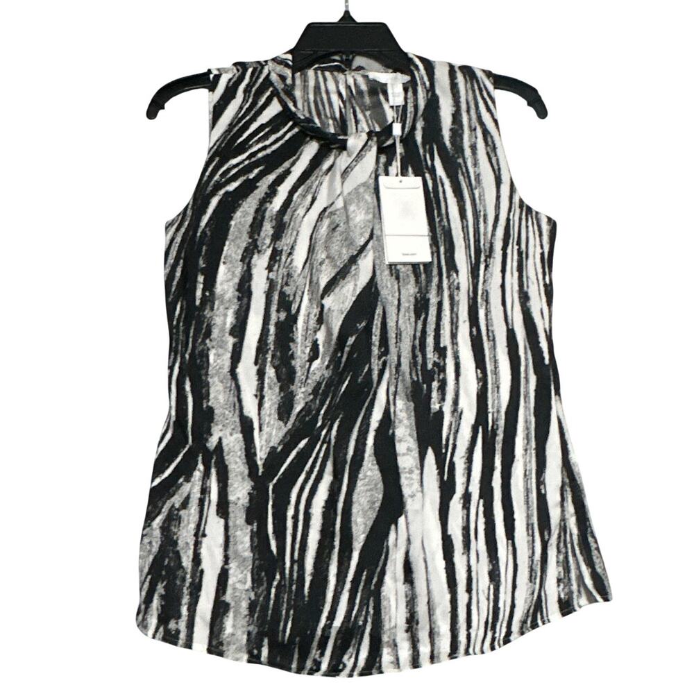Hugo Boss Sleeveless Blouse Women Size 0 Black White Abstract Print Twist Neck